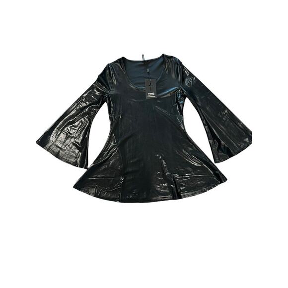 Banned Gothic Punk Faux Leather Mini Dress Minimal Goth Bat Sleeves Large NWT - Picture 3 of 6